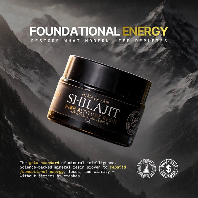 Himalayan Shilajit container with mountainous background and promotional text.