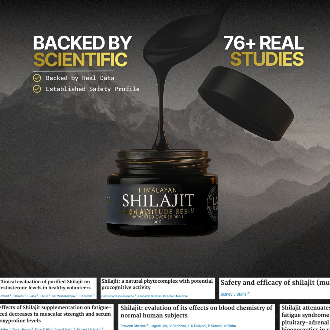 Himalayan Shilajit product with mountain background and scientific study text.