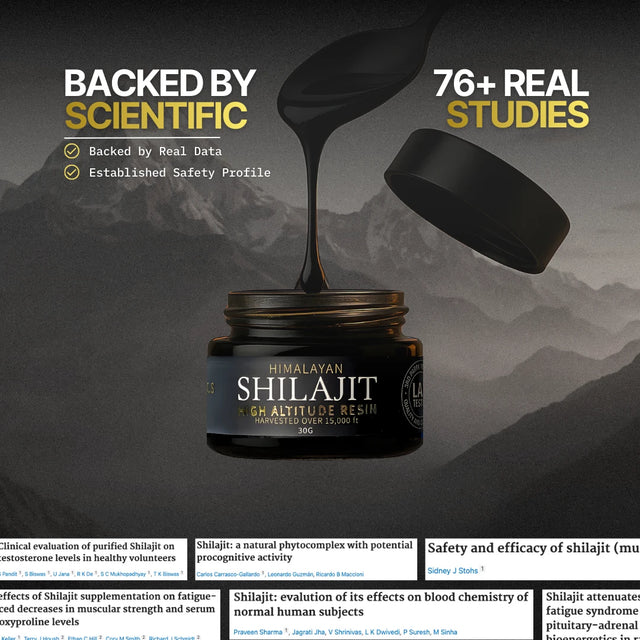 Himalayan Shilajit product with mountain background and scientific study text.