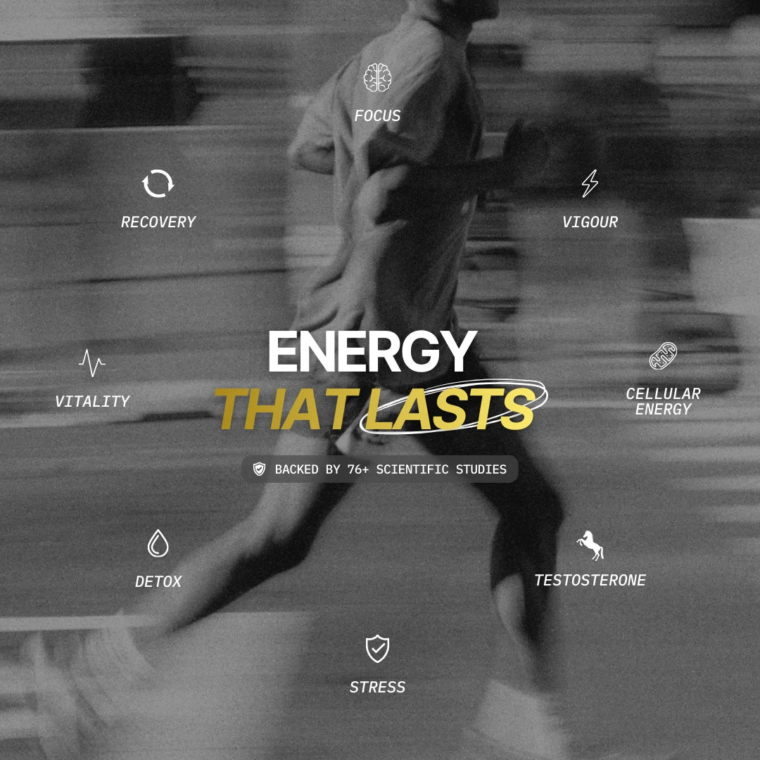 Shilajit resin supporting daily energy, focus, and recovery with person running