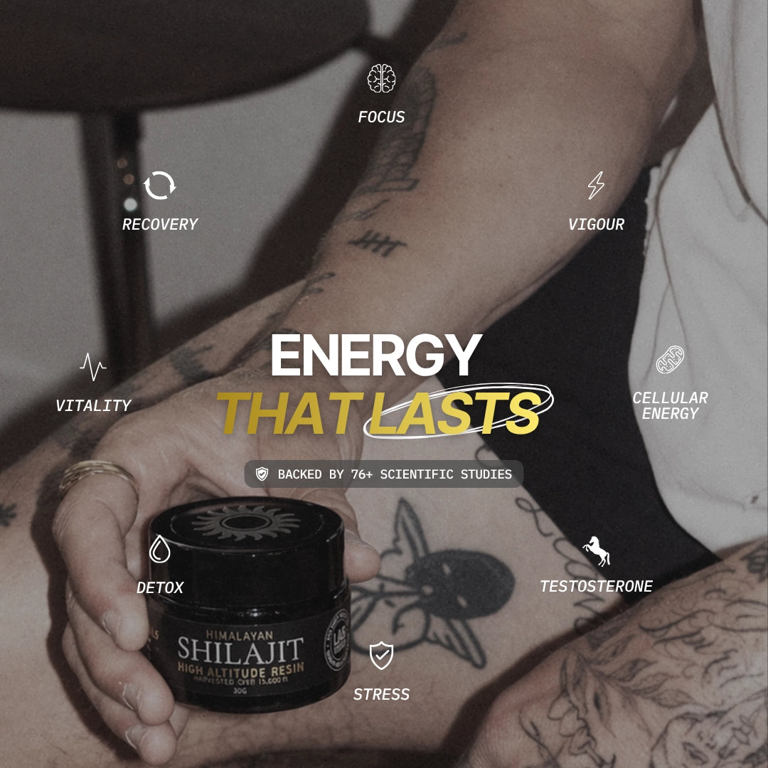 Person holding celsius medicinals Shilajit resin jar with text about energy and health benefits.