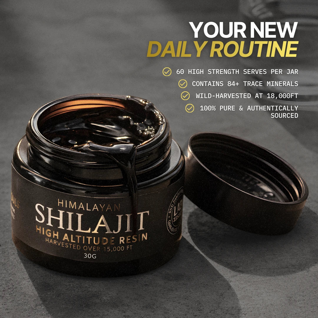 Himalayan Shilajit jar with open lid on a dark background