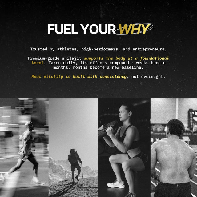 'Fuel Your Why' for shilajit with athletes and text on a dark background