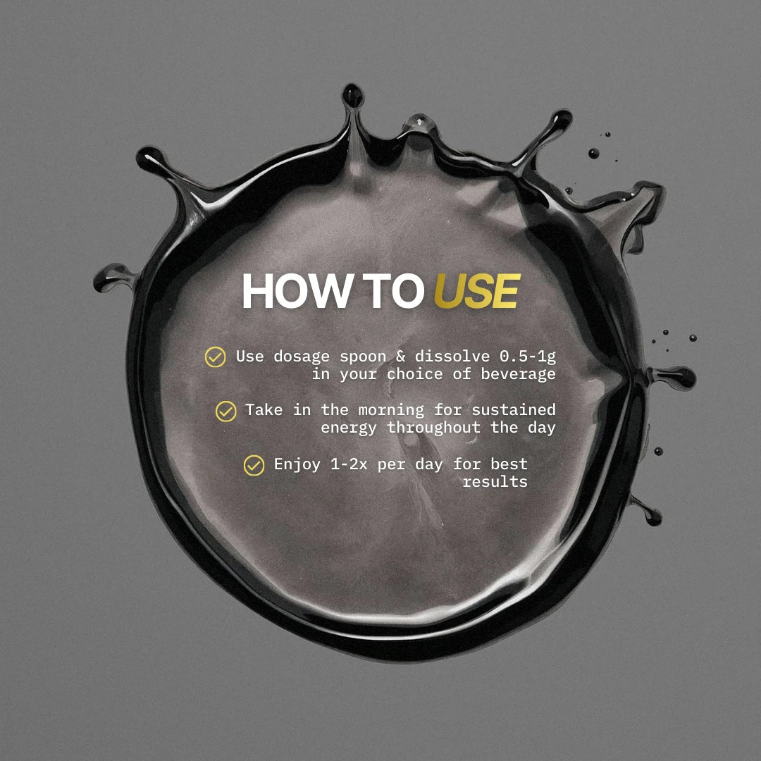 Instructions on how to use shilajit with a black liquid splash design on a gray background