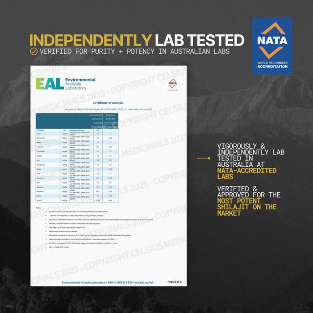 Celsius medicinals lab test results, shilajit resin australia, NATA-accredited labs, pure