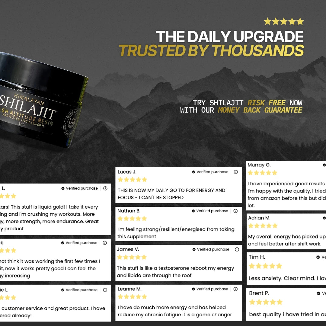 Celsius Medicinals shilajit with customer reviews and promotional text on a dark background