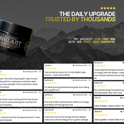 Celsius Medicinals shilajit with customer reviews and promotional text on a dark background