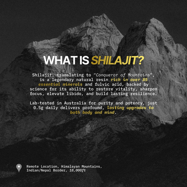 Mountainous landscape with text about Shilajit, a natural resin.